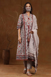 Grey Cambric Printed A-line Kurta Pant Dupatta Set with Mask